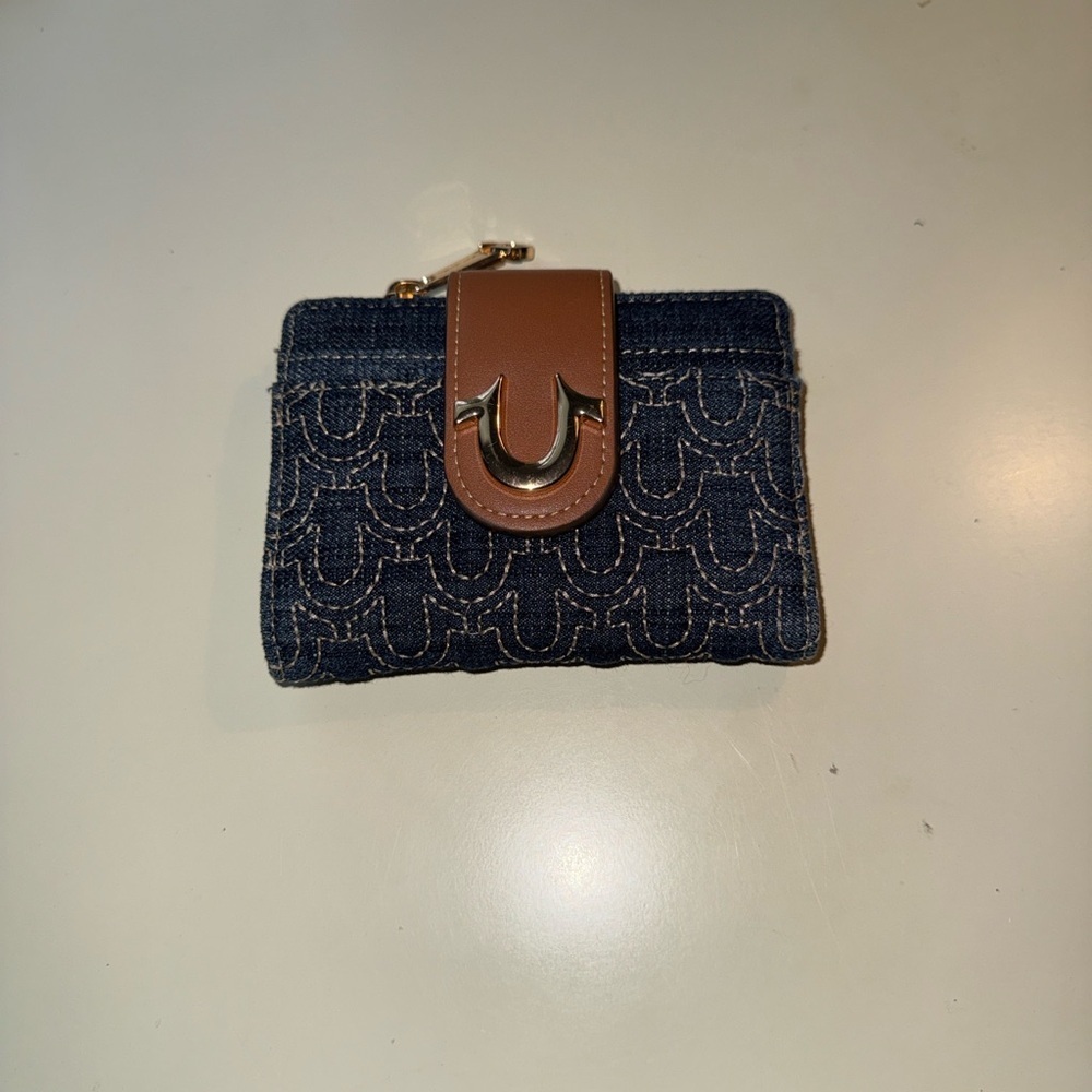 True Religion Navy Denim & Brown Leather Logo Wallet